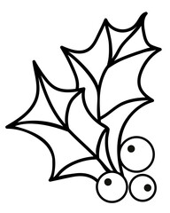 Holly leaves and berries, christmas plant - vector linear picture for coloring. Outline. Holly leaves and berries, evergreen shrub
