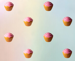 Creamy cupcakes pattern on colorful background. Creative sweets concept.