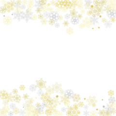 Gold snowflakes frame on white background. New year theme. Stylish shiny Christmas frame for holiday banner, card, sales, special offers. Falling snow with gold snowflakes and glitter for party invite