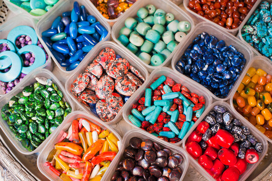 Colourful beads for sale Marrakech souks in the old Medina, Place Djemaa El Fna Square, Morocco, North Africa, Africa