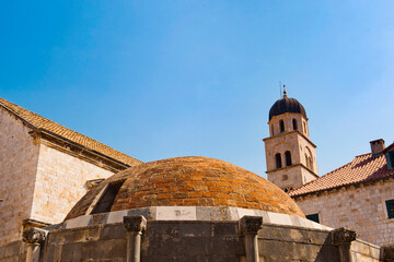Obraz premium Photo of Franciscan Monastery and Onofrio Fountain, Stradun, Dubrovnik Old Town, Croatia