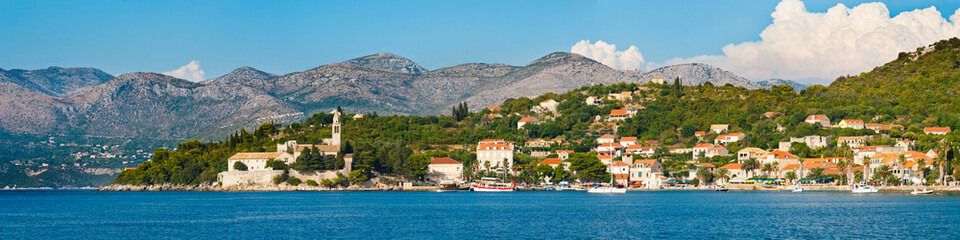 Fototapeta na wymiar Panoramic photo of Lopud Island and the Franciscan Monastery, Elaphiti Islands, Dalmatian Coast, Croatia
