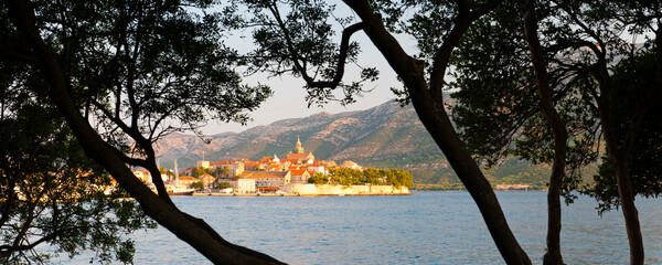 Panoramic photo of Korcula Town at sunrise, Korcula Island, Dalmatian Coast, Croatia