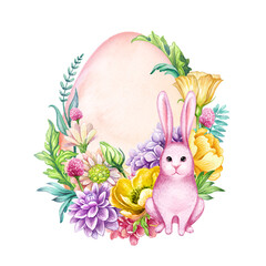 watercolor botanical illustration. Pink bunny and Easter egg decorated with fresh spring flowers. Festive wreath floral arrangement, isolated on white background. Greeting card with copy space