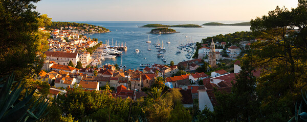 Panoramic photo of Hvar Town at sunset, Hvar Island, Croatia