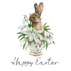 Watercolor bunny, easter rabbit, spring bunny with easter composition with white flower in the cup, cute fluffy pet, farmhouse animal. Isolated on white background