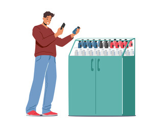 Young Customer Purchase Medicament in Drugstore. Man Choose Drug at Pharmacy Reading Label on Bottle