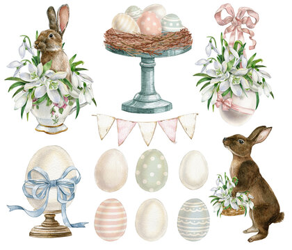 Watercolor easter elements collection.Eggs and snowdrops flower, bunny. Spring easter postcard illustration.Farmhouse, countryside clipart set.