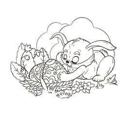 Coloring book Easter Bunny puts a painted egg in a basket. Vector illustration in flat cartoon style, black and white line