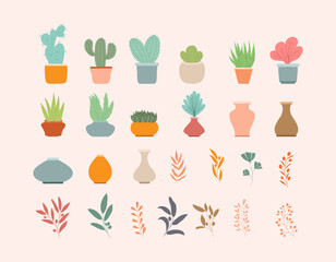 Beautiful flat cactus houseplant, pots and botanics collection template