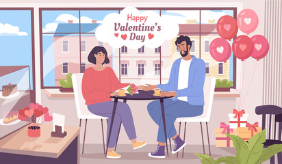 Young girl and guy on a romantic date in a cafe on Valentine's Day