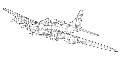 Line art adult military aircraft coloring page for book and drawing. Airplane. Vector illustration. Vehicle. Graphic element. Plane. Black contour sketch illustrate Isolated on white background.