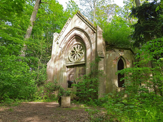 Ruins of an old, creepy mausoleum of von Brand family located in the forrest, near Danków town, Poland. Outside view.