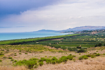 Mediterranean Coast of Sicily seen from the Greek ruins of Heraclea Minoa, Agrigento Province, Sicily, Italy, Europe