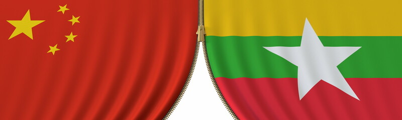 China and Myanmar political cooperation or conflict, flags and closing or opening zipper, conceptual 3D rendering