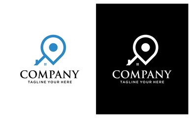 Home location logo with line art design. pin, map, location, home, house, icon, building. on a black and white background.