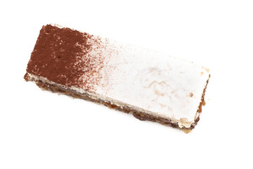 A delicious piece of chocolate mille-feuille. Isolated on white background.