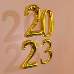 Close up of 2023 gold foil balloons in square format
