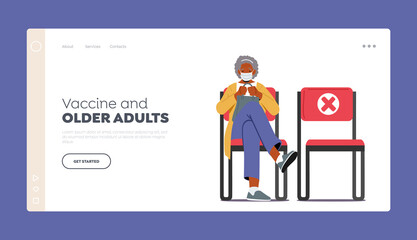 Elderly People Immunization Landing Page Template. Old African Lady wear Mask Waiting Vaccination in Hospital Hall