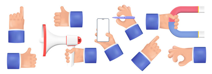 Realistic cartoon 3D Hands with various gestures and holding objects ( mobile phone, magnet, loudspeaker, pen). Cartoon realistic 3D Businessman's hands. Index finger, like, hold in hands. Vector set