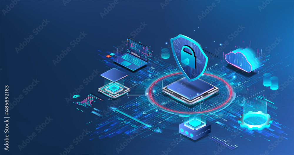 Aufkleber Network data security and cyber defense concept. Protecting personal data and networks through encryption. Privacy concept. Antivirus for databases, servers and cloud storages.  Vector isometric
Netwo