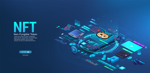 NFT token in crypto artwork on mobile phone. Application to buy NFT, crypto art, gif, audio or video. Cryptocurrency Selling App. Non-fungible token concept. Blue 3D isometric illustration. Vector