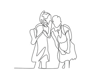 schoolgirls with backpacks talking and telling secrets to each other. female students whispering to ear