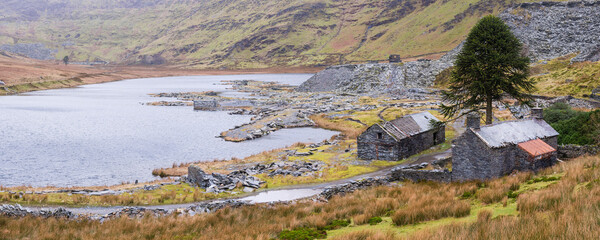 Cwmorthin Quarry and Cwmorthin Lake, a disused quarry at Tanygrisiau, Vale of Ffestiniog, Gwynedd, North Wales, Wales, United Kingdom, Europe
