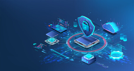 Network data security and cyber defense concept. Protecting personal data and networks through encryption. Privacy concept. Antivirus for databases, servers and cloud storages.  Vector isometric
Netwo