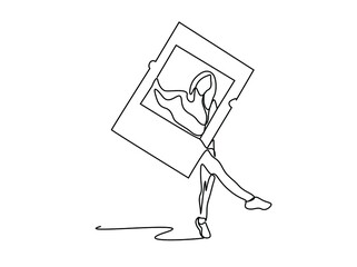 female full size avatar holding large cardboard with profile photo