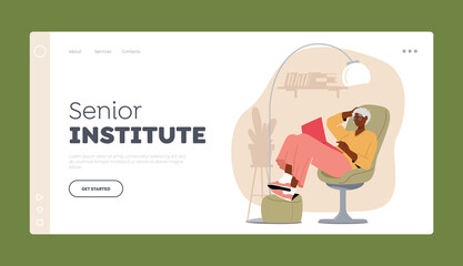 Senior Institute Landing Page Template. Relaxed Lady with White Hair and Eyeglasses Sitting on Comfortable Armchair