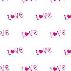 Vector pattern with the lettering of love which is made up of pink hearts. Hand drawn style.