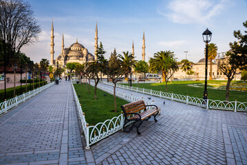 Blue Mosque (Sultan Ahmed Mosque or Sultan Ahmet Camii) seen from Sultanahmet Park, Istanbul,...