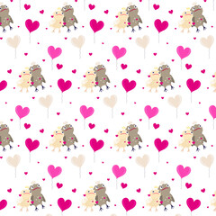 Vector decorative pattern on the theme of love and  Valentine's day. Illustration of cutie cartoon birds falling in love, pink hearts and balloons.