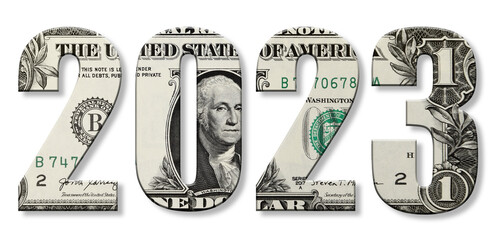 Year 2023 with the texture of dollars, American money, Business concept