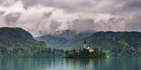 Fototapeta premium Lake Bled, Slovenia. Church of the Assumption of St Mary on Lake Bled Island, Bled, Julian Alps, Gorenjska, Upper Carniola Region, Slovenia, Europe