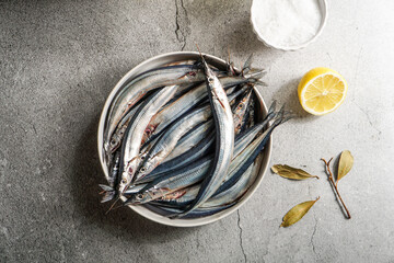 fresh raw fish, Garfish, sardines with lemon and salt on grey stone background with copy space