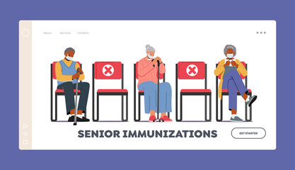 Seniors Immunization Landing Page Template. Old Characters Sitting on Chairs in Clinic Wait Vaccine against Coronavirus