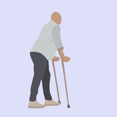 Bone injury or fracture of young patient. Man walking with crutches and gypsum on broken leg. Rehabilitation and treatment after accident. Colored flat vector illustration 