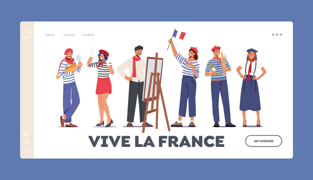 Typical French People Landing Page Template. Mime, Painter, Woman in Beret with Flag, Man Holding Baguettes and Glass