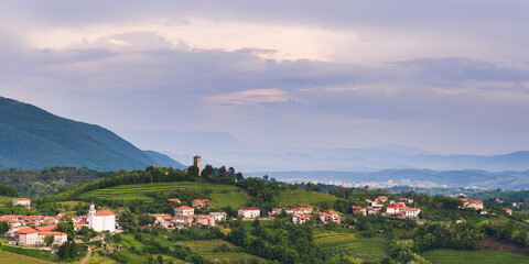 Vineyards and  the hill top town of Kojsko, Goriska Brda (Gorizia Hills), in Brda, the wine region of Slovenia, Europe - obrazy, fototapety, plakaty
