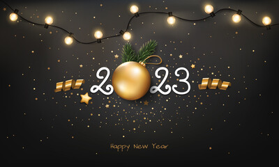 Happy New Year 2023 background with Christmas light and decoration.