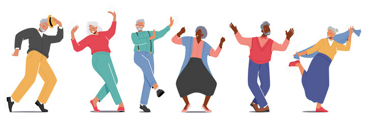 Old Men and Women Dance Isolated on White Background. Senior Pensioners in Fashioned Clothes Dancing, Relaxing - obrazy, fototapety, plakaty