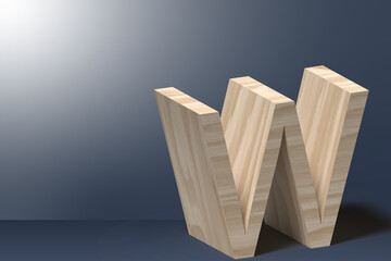 3d Letter W Illustration in Natural Plywood on Shining Gray Background