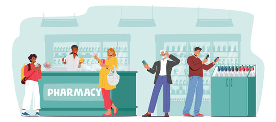 Characters Purchase Drugs in Pharmacy Store. Customers Walking along Shelves with Medications and Pills Choose Medicine
