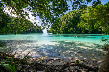 Beautiful sea scape of Rock islands, White beach and emerald green ocean at Ngchus, the inside of Rock Island Southern Lagoon, Koror, Palau.
