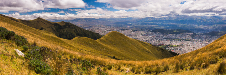 Fototapeta na wymiar Panoramic photo of City of Quito Old Town and the North, seen from the Pichincha Volcano, Ecuador, South America
