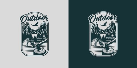 Axe and tent for camping and outdoor travel expedition. Mountain and forest for camp outdoor adventure or hiking © Casoalfonso