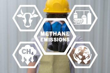 Concept of methane emissions. CH4 emission reduction from livestock, industry. Methane production and ecology environment protection standards. - obrazy, fototapety, plakaty