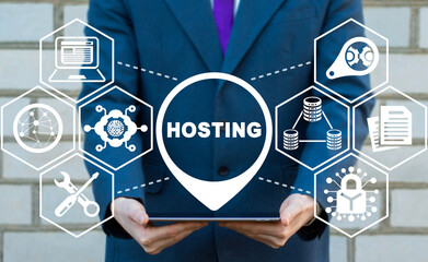 Concept of web hosting. Internet hosting, business, domain, website, SEO, data, cloud service,...